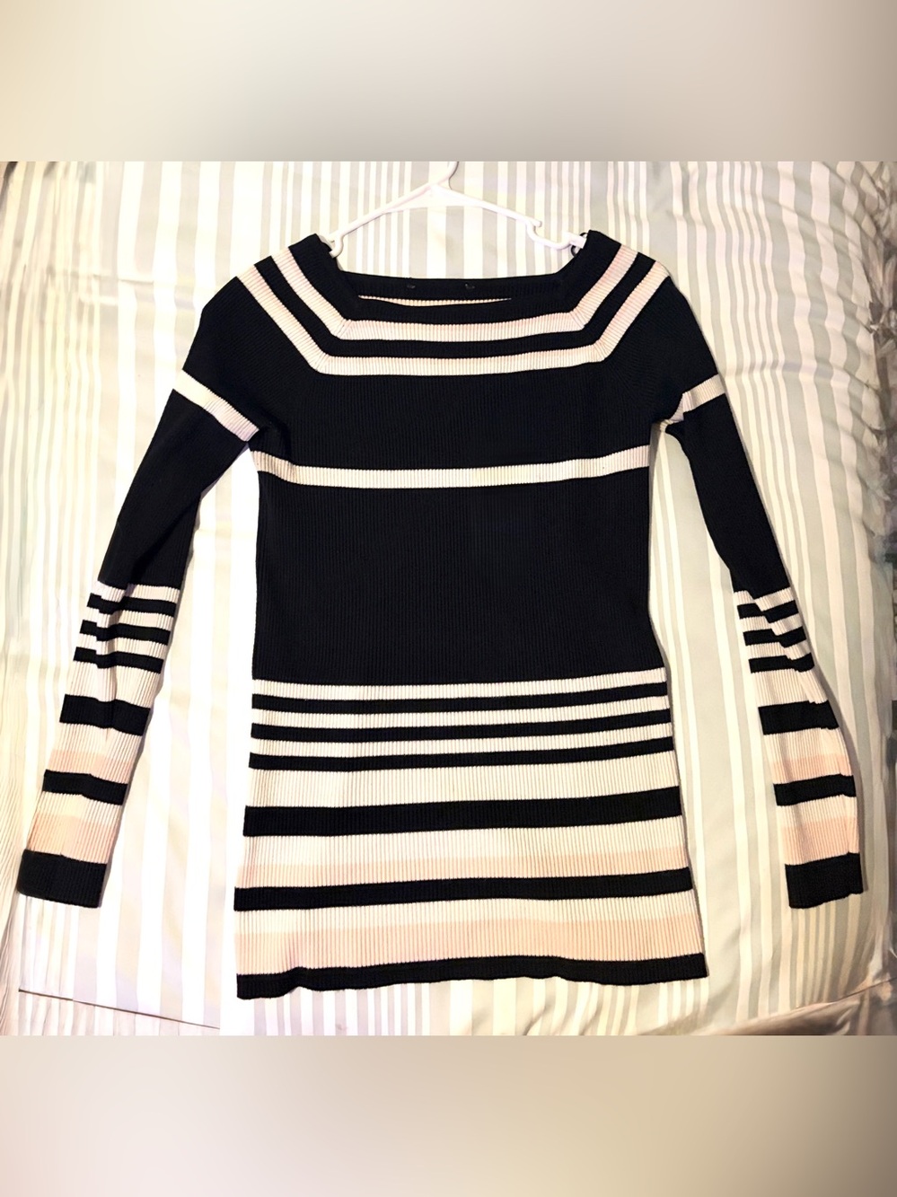 Black, White and Pink Striped Women’s Ribbed Sweater